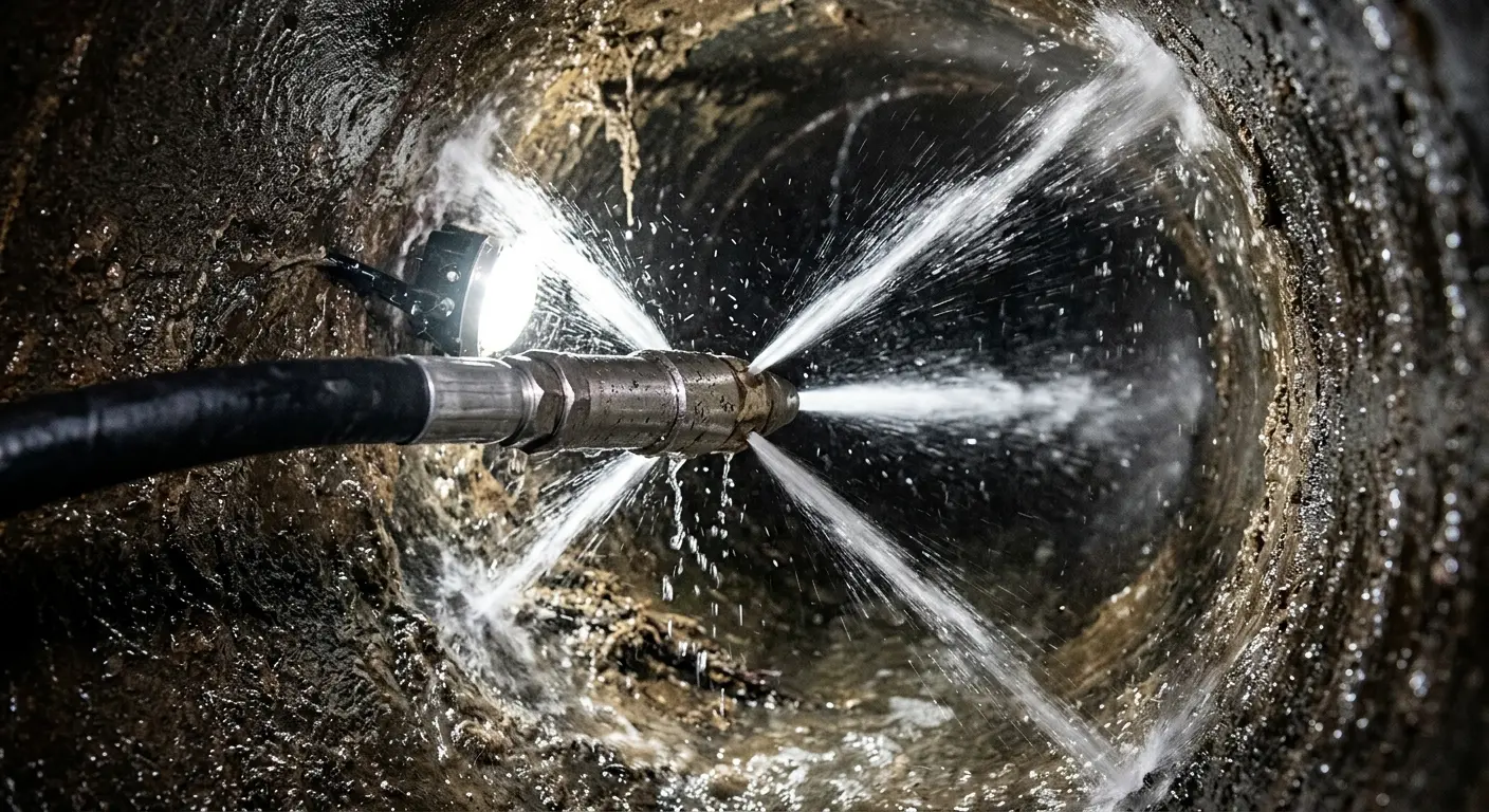 High-pressure hydro jetting nozzle cleaning sewer pipe for Trenchless Sewer Repair in Gulf Hills