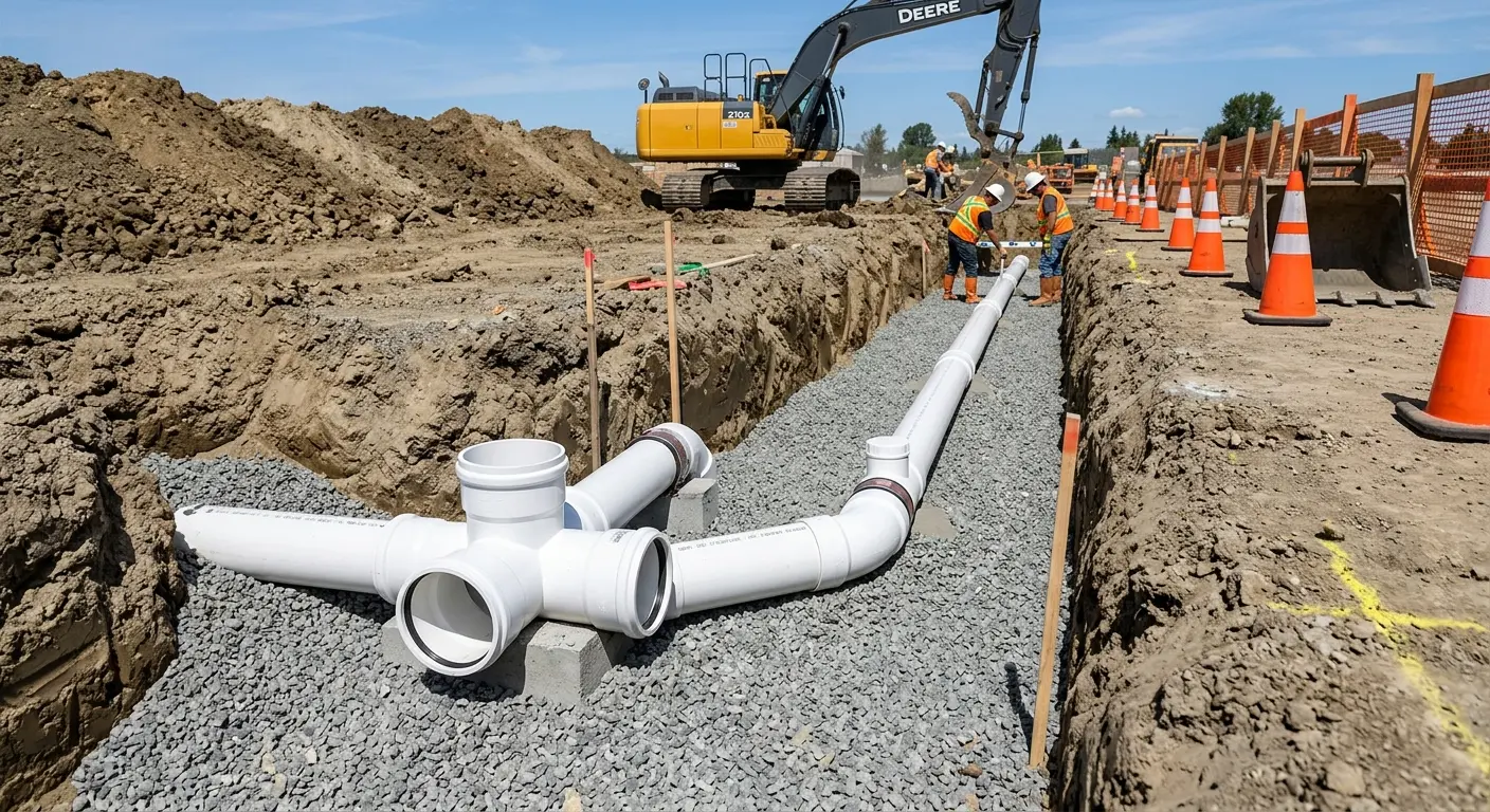 New PVC sewer pipe installation in open trench for Commercial Drain Cleaning in Gulf Hills