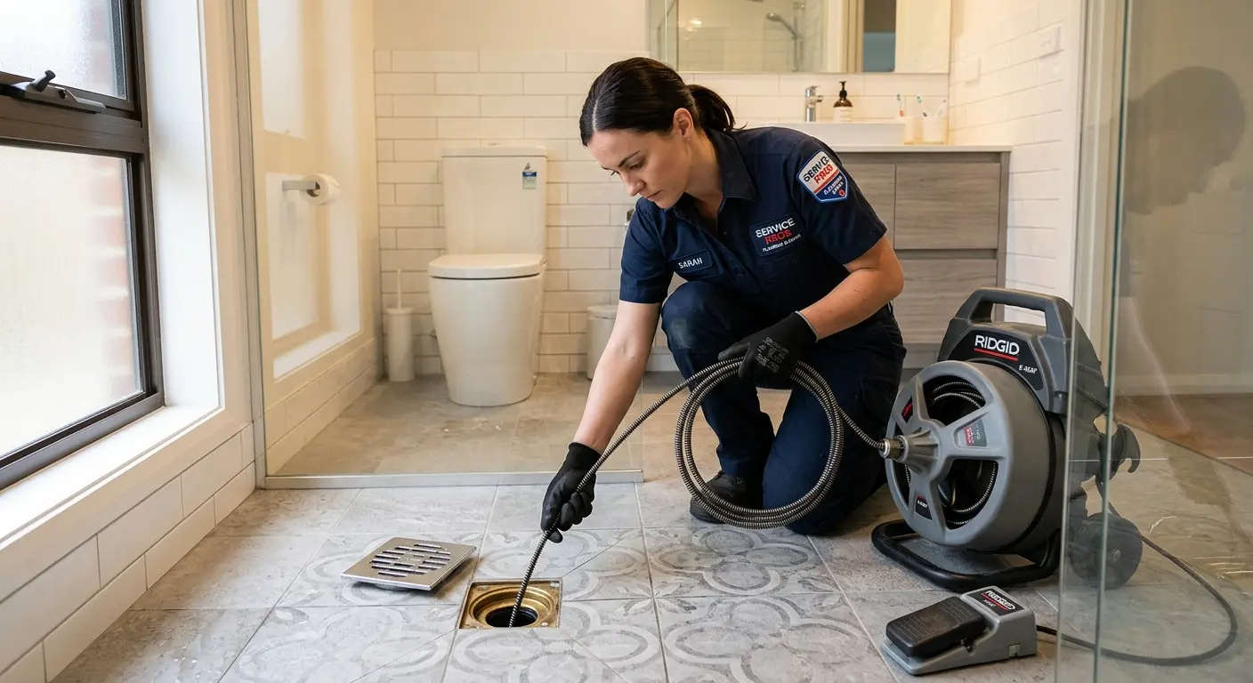 Technician clearing a bathroom floor drain for Drain Repair in Gulf Hills